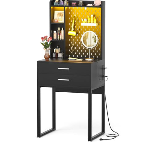 Besiost Small Vanity Desk with Hutch and Drawers, Black Makeup Vanity Desk with Charging Station, Vanity Table Dressing Table with LED Lights, Vanity Desk No Mirror with Pegboard for Girls Women, 24" Besiost