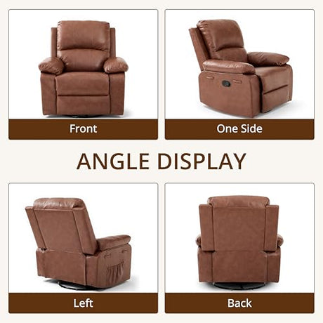 zzlay 360° Swivel Rocking Leather Recliner Chair for Adults, Overstuffed Manual Recliner with Spring Cushion, Glider Rocking Nursery Single Sofa with Side Pockets for Living Room, Camel zzlay