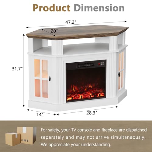 Furmax Fireplace Corner TV Stand for Up to 55 Inch, Modern Console with 18 Inch Electric Fireplace, Entertainment Center with Open Shelf and Storage Cabinets for Living Room (LED Antique White) Furmax