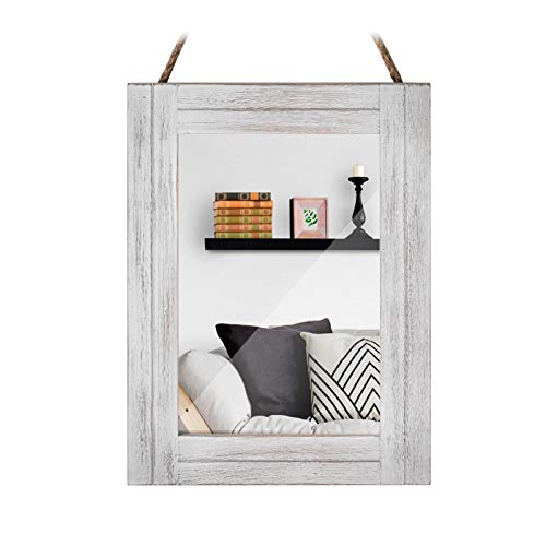 DECORKEY Rectangle Wall Mirror For Bathroom, Distressed White Wood Decor with Hanging Rope for Rustic Home Decor, Vanity, Living Room 12"×16" DECORKEY