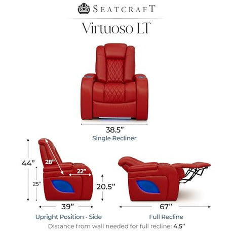Seatcraft Virtuoso LT Zero-Gravity HeatZero Italian Leather Home Theater Seating, Heat & Massage, Power Headrest, Power Recline, Single Recliner, Red Seatcraft