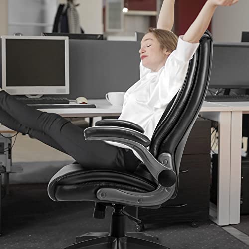 MALOL Leather Executive Office Chair - High Back Home Computer Desk Chair with Padded Flip-up Arms, Adjustable Tilt Lock, Swivel Rolling Ergonomic Chair for Adult Working Study, Black MALOL
