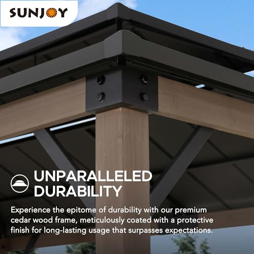 Sunjoy Wooden Grill Gazebo, 8 x 12 ft. Steel Hardtop Gazebo with Solar Power for Year-Round Grilling - 2 Full Size Grills, Griddles or Smokers - - WoodArtSupply