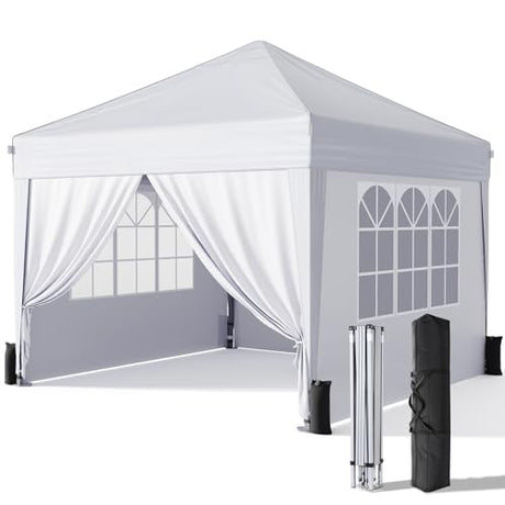 Driftalia 10x10 Pop Up Canopy with Sidewalls, Outdoor Instant Canopy Tent with Carry Bag for Commercial Events, Camping, Backyard Parties - White Driftalia