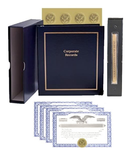 Corporate Kit (Black) - Binder, Slipcase, Minutes & Bylaws, Stock Certificates, Index Tabs & Gold Foil Customized Labels Hubco