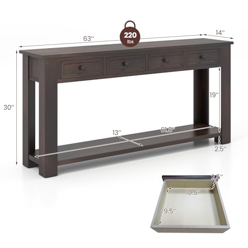 Giantex 63" Farmhouse Console Table with 4 Drawers, Modern Wood Entryway Table, Narrow Long Sofa Tables with Open Storage Shelf for Living Room, Hallway, Entrance, Foyer, Rustic Vintage, Espresso Giantex