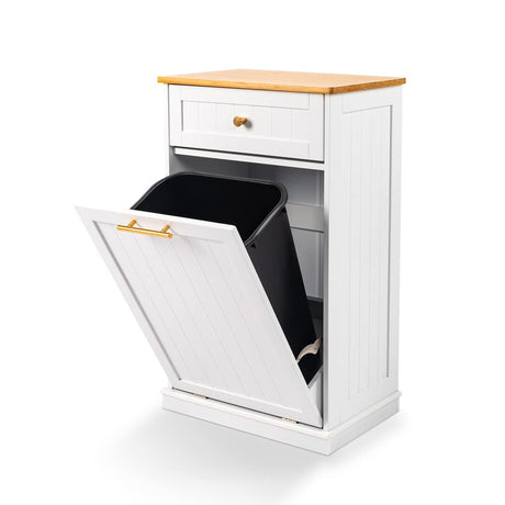 VINGLI Tilt Out Trash Cabinet, Garbage Can Cabinet with Drawer, 10 Gallon Movable/Freestanding Pet Proof Storage Organizer, Modern Trash Can Kitchen Cabinet, Living Room Storage, White VINGLI