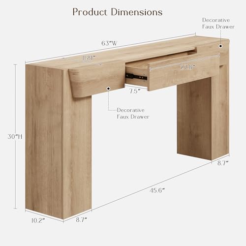 JXQTLINGMU 63" Long Wood Console Table with Storage Drawer, Modern Entryway Table, Sofa Table Behind Couch, Farmhouse Console Tables for Entryway Hallway Living Room, Natural Oak JXQTLINGMU
