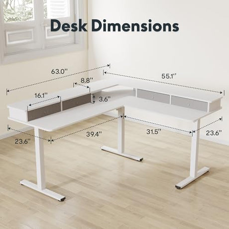 FLEXISPOT 63" L Shaped Standing Desk with Shelf Electric Corner Table, Drawers, Adjustable Computer Workstation for Home, Office,63x55in, White Top + White Frame FLEXISPOT