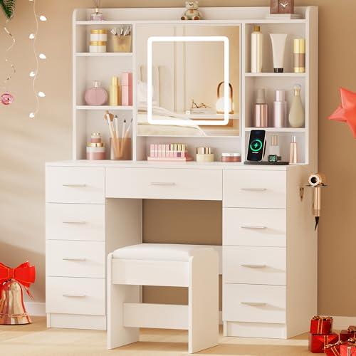 BEWISHOME Vanity Desk with Mirror and Lights, Makeup Vanity Table with Power Outlet,Stool Vanity Table with 9 Drawers 6 Storage Shelves Jewelry Storage,Dressing Table for Bedroom Girls White FST36W BEWISHOME