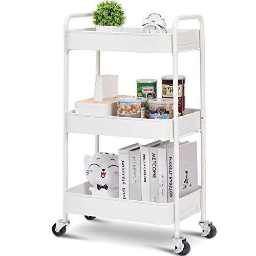 TOOLF 3-Tier Rolling Cart, Metal Utility Cart with Lockable Wheels, Storage Craft Art Cart Trolley Organizer Serving Cart Easy Assembly for Office, Bathroom, Kitchen, Kids' Room, Classroom (White) TOOLF