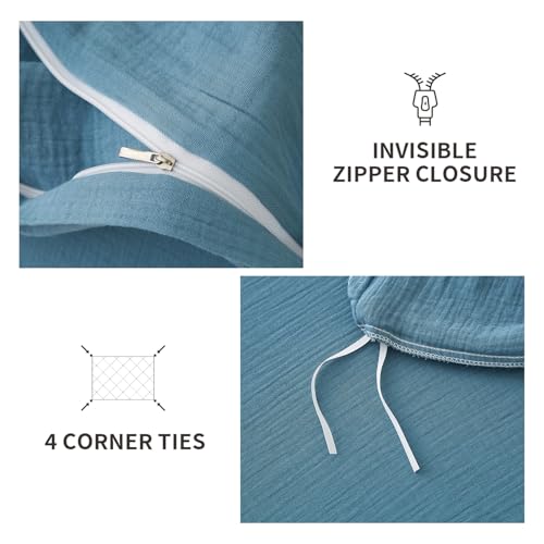 100% Cotton Muslin Duvet Cover Set Queen Size Turquoise Blue, Ultra Soft Breathable Absorbent Gauze Bedding Duvet Cover, Luxurious Minimalist Natural Wrinkle Linen Textured Comforter Cover 90" x 90" YASMENG