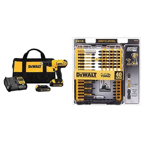 Dewalt DCD771C2 20V MAX Cordless Lithium-Ion 1/2 inch Compact Drill Driver Kit with IMPACT READY FlexTorq Screw Driving Set, 40-Piece DEWALT