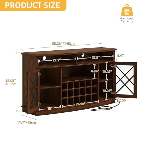 DWVO Wine Bar Cabinet with LED Light, 58'' Large Wine Cabinet w/Storage, Tempered Glass Doors, Adjustable Shelf, 32'' Tall Coffee Bar for Living Room, Dining Room, Rustic Brown - WoodArtSupply