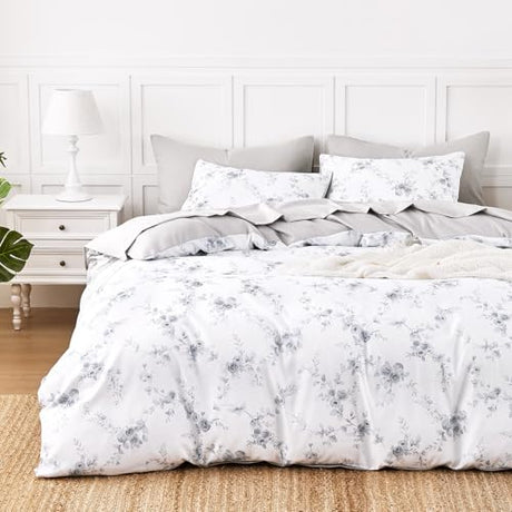 Wake In Cloud - Floral Duvet Cover Set, Shabby Chic Coquette Cottagecore Farmhouse Style with Romantic Flower Pattern, Soft Lightweight Bedding, 3-Piece, Grey White, Full Size Wake In Cloud