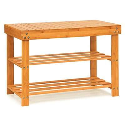 JMLHMXC Bamboo Shoe Rack Bench, 27.5'L*11'W*11.6'H Extended Edition 3-Tier Rack for entryway,Wooden Shelf Organizer Holds up to 220 lbs Ideal for Hallway Bathroom Living Room Mudroom