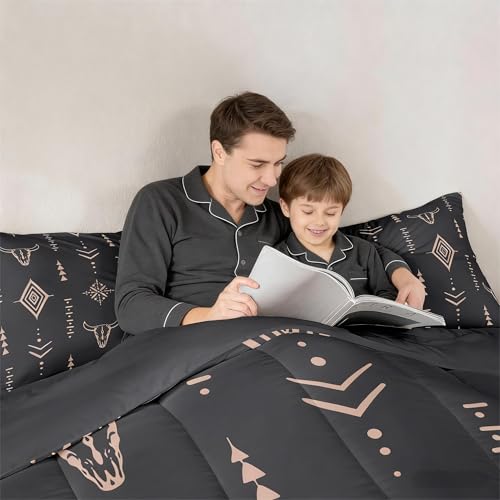 Bull Skull Comforter Set Twin Boho Bedding Ethnic Horns Bohemian Bedding Comforter Sets Black Brown Tribal Symbol Mysterious Aztec Bedroom Decor Abstract Geometric Duvet Insert for Men Boys