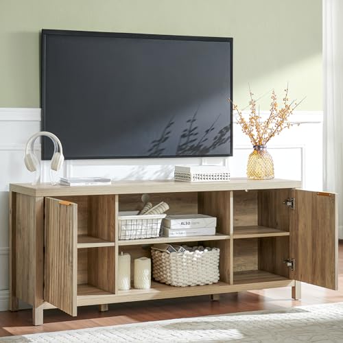OAKHAM HOME Fluted TV Stands for Living Room, Heavy Duty Entertainment Center with Storage, Mid Century Modern Television Stands for 50/55/60/65 TV, Oxford Media TV Console (Sunwashed Ash Oak) OAKHAM HOME