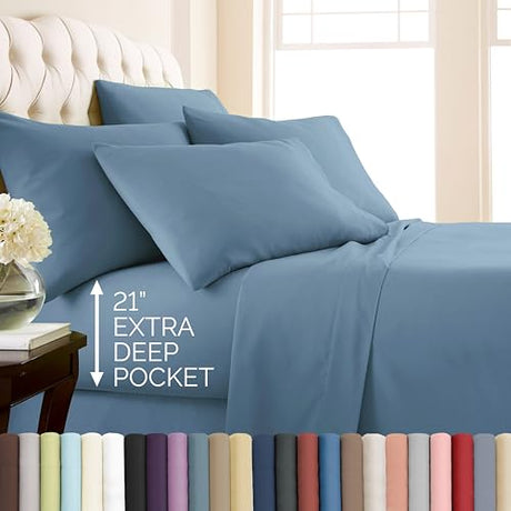 Southshore Fine Living, Inc. 6 Piece, 21 Inch Extra Deep Pocket King Sheet Set, Pet Hair Resistant Bedding w/ 4 Pillow Cases, Blue King Sheets Deep Pocket Set, Easy Care, Coronet Blue Sheets Southshore Fine Living, Inc.