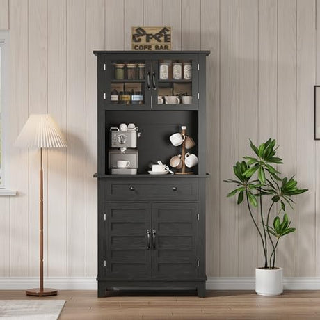 IDEALHOUSE 72" in Tall Kitchen Pantry Storage Cabinet, Elegant Pantry Hutch Bar Cabinet with Microwave Stand & Drawers, Glass Doors for Dining Room, Kitchen, Living Room (Black & 32 Inches Wide) IDEALHOUSE
