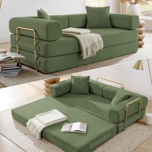 Vanress Convertible Folding Sofa Bed, Modern Futon Sleeper Sofa Fold Out Couch Bed with Gold Fixed Frame, Modular Floor Sofas Comfy Corduroy Boneless Couches for Living Room (78" Green) Vanress