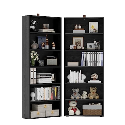 IRONCK Vintage Black 6-Tier Bookshelves Set of 2 - Tall Floor Standing Storage for Home Office and Living Room - WoodArtSupply