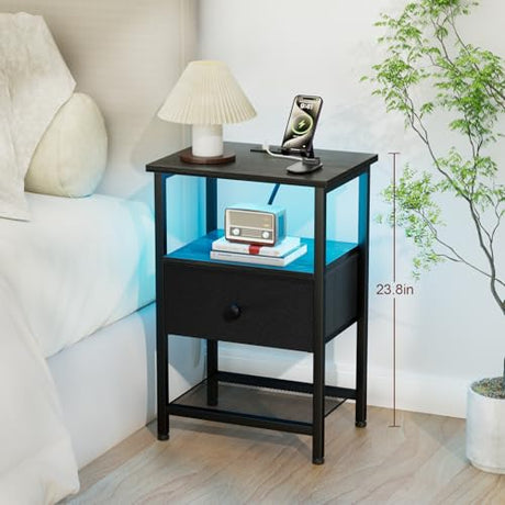LOAKEKEL Nightstand with Charging Station, End Table with Fabric Drawer, LED Night Stand for Bedroom, Small Bed Side Table with USB Ports and Outlets for Living Room, Black, HETS01BK-1 LOAKEKEL