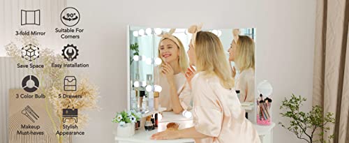 Likein Corner Makeup Vanity Desk with Mirror and Lights, Bedroom Vanity Table with Lighted Mirror 5 Drawers and Storage Shelf for Women Girls White Likein