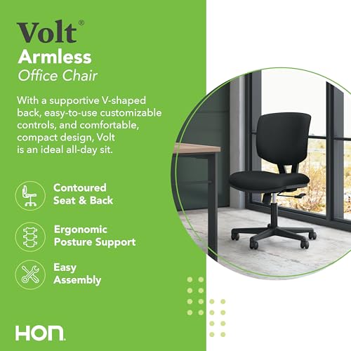HON Volt Armless Office Chairs with Wheels, Ergonomic Adjustable Center-Tilt Recline, Fabric Back and Seat, Swivel Desk Chair, Black HON