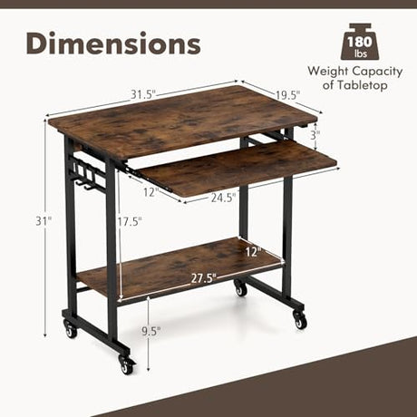Tangkula Rolling Computer Desk Cart with Keyboard Tray, Mobile Portable Laptop PC Desk with CPU Stand & 3 Hooks for Sofa & Bed, Industrial Small Desk on Wheels for Small Spaces, Home Office Desk Tangkula