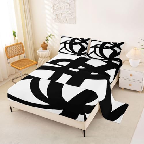 jejeloiu Stripe Line Sheet Set King Size Kids Geometric Sheets with Deep Pocket Fitted Sheet for Boys Girls Teens Black and White Bed Sheets Set Breathable Abstract Bedding Room Decor Modern Art jejeloiu