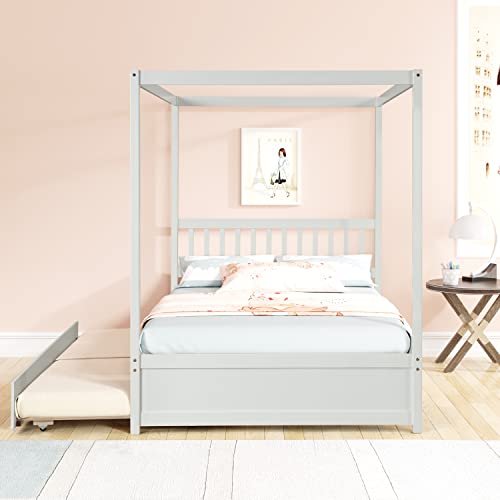 Bellemave Full Size Canopy Bed with Twin Trundle, Platform Bed with Headboard for Bedroom Guestroom Small Room, Solid Wood Bed Frame with Support Slats, Easy Assembly, No Box Spring Needed (White)