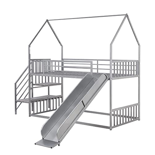 Favfurish Twin Over Twin-Size Metal Bunk Bed House-Shape-Bed with Slide and Staircase,No Box Spring Needed, Easy to Install, for Kids, Girls, Boys,Silver Favfurish