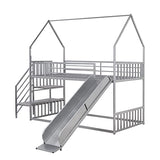 Favfurish Twin Over Twin-Size Metal Bunk Bed House-Shape-Bed with Slide and Staircase,No Box Spring Needed, Easy to Install, for Kids, Girls, Boys,Silver Favfurish