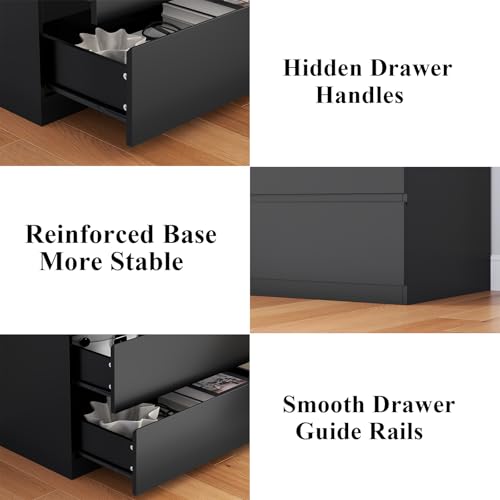 Nightstand with Charging Station and LED Lights, Night Stand with 3 Large Drawers, Bedside Table with Storage, Modern End Side Table, Black Night Stands for Bedroom, Living Room, 23.62" W×26.97" H Gyfimoie