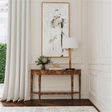 Beaumont Lane Traditional Demilune Console Table, Medium Brown Burl Wood Veneer, 54" W x 15" D x 32" H, Rubberwood Frame, Tapered Legs, Lower Shelf, Entryway or Living Room Furniture Beaumont Lane