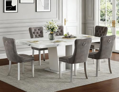 Henf 7 Pieces Faux Marble Dining Table Set for 6, 63"-79" Extendable Dining Room Table and 6 Grey Tufted Chairs Set for 6, Modern Large Expandable Kitchen Table with White Double Columns Base Henf