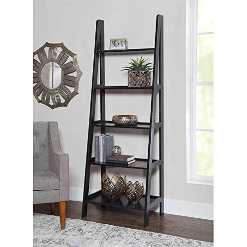 Linon Archdale Black 72" Open Back Ladder Bookshelf with 5 Adjustable Shelves - WoodArtSupply