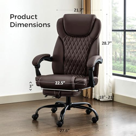 amseatec Office Chair, Big and Tall Office Chair with Foot Rest Ergonomic Desk Chairs Reclining High Back Leather Chairs with Lumbar Support(Brown) amseatec