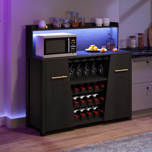 DWVO Bar Cabinet with LED Lights, 47'' Sideboard Buffet Coffee Bar Cabinet with Wine Rack and Glass Holder, Liquor Cabinet with Adjustable Shelf for Living Room, Kitchen, Dining Room, Black - WoodArtSupply