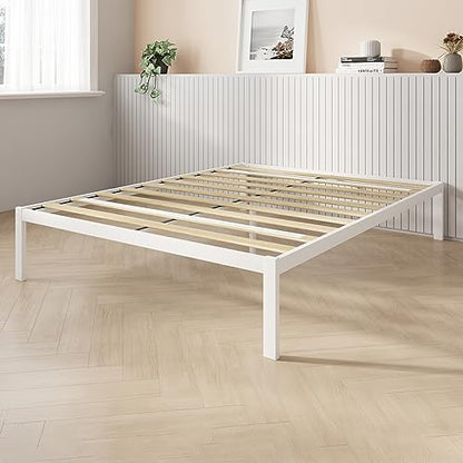 Novilla Queen Metal Platform Bed Frame with Wood Slat Support – Easy Assembly, White Finish - WoodArtSupply