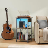 HOOBRO Record Player Stand with Charging Station and LED, Turntable Stand with Storage, 3 Tier End Table Hold Up to 100 Albums, Record Table for Vinyl, Living Room, Rustic Brown and Black BF06UDRS01 HOOBRO