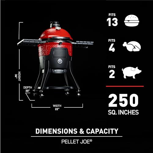 Kamado Joe Pellet Joe Grill, Classic Joe, 18-inch Ceramic Wood Pellet Grill and Smoker with Cart, Side Shelves, Stainless Steel Grates and 250 Cooking Square Inches in Red, Model KJ15260020 Kamado Joe