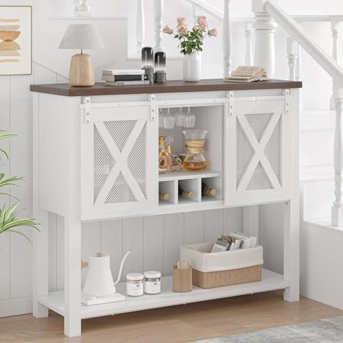 GAOMON Coffee Bar Cabinet, Farmhouse Sideboard Buffet Cabinet with Sliding Barn Doors, Wine Racks, Open Storage Shelf, for Kitchen, Dining Room, Entryway, White - WoodArtSupply