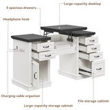 Jocoevol Farmhouse 57" Lift Up Executive Desk with 5 Drawers and Charging Station, Wood Home Office Computer Desk with File Cabinet Storage, Keyboard Tray,Headphone Hook for Work,Study (White+Black) Jocoevol