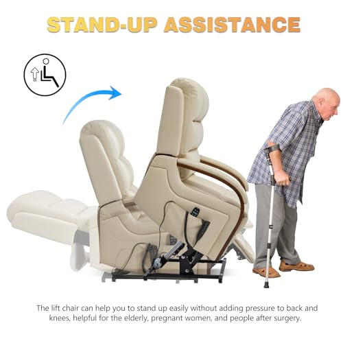 Trustyue Dual Motor Power Lift Recliner Chair, Lay Flat Recliner, Lift Chair with Massage and Heat, Standing Assistance, Infinite Position Reclining, Living Room Chair (Faux Leather Beige)