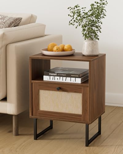 Apetaccat Rattan Nightstand, Boho Night Stand Farmhouse Wood Bedside Table with Storage and Open Shelf, End Side Accent Table for Bedroom,Living Room,Walnut Apetaccat