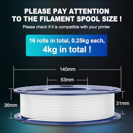 SUNLU 16 Color PLA Filament Bundle Multicolor, PLA 3D Printer Filament 1.75mm, Individually Vacuum Packed, 0.25kg per Spool, 4kg in Total, 16 Pack. (4 Transparent Color and 12 Regular Solid Color) SUNLU