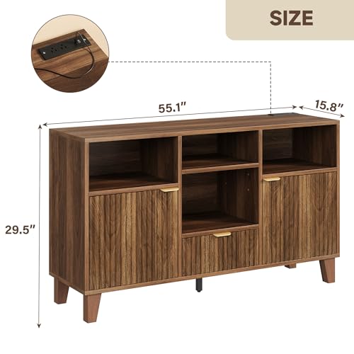 knoworld Large Round Record Player Stand with Vinyl Record Storage & Charging Station, Modern Turntable Cabinet with Power Outlet and USB Ports for Living Room and Bedroom (Walnut) knoworld