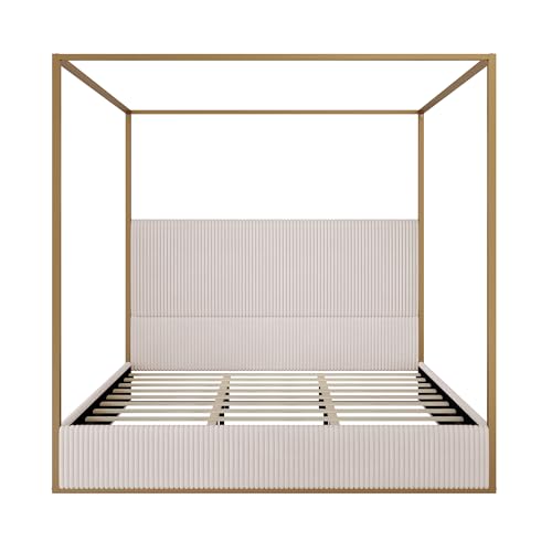 Merax Modern Luxury King Metal Canopy Bed with Tall Upholstered Headboard, Gold Four Poster Bed, No Box Spring Needed, Beige